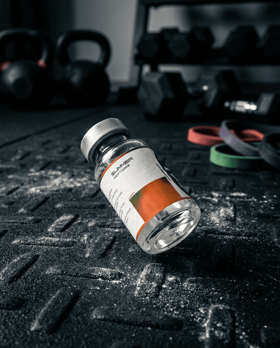 Peptide vial on gym floor — chalked surface with resistance bands
