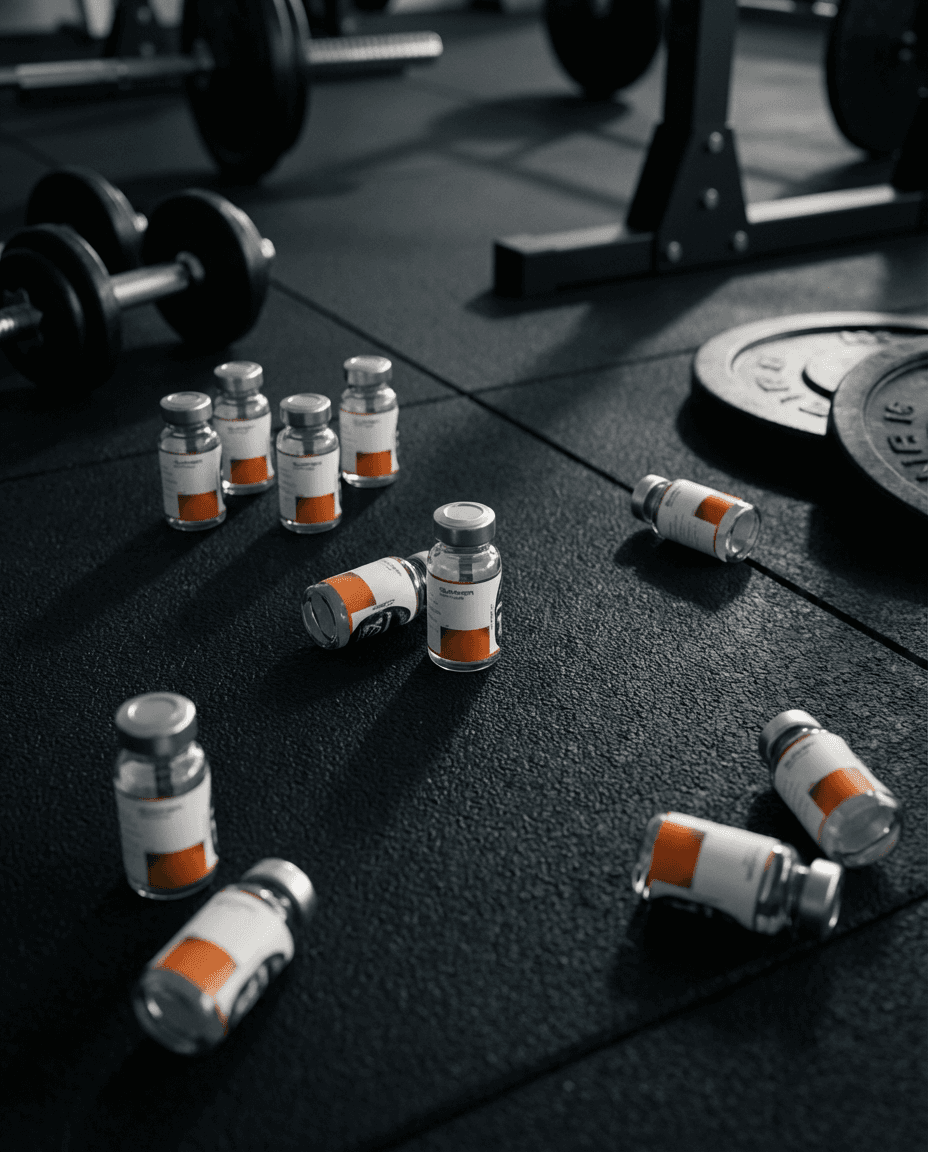 Scattered peptide vials among gym equipment — dumbbells and weight plates