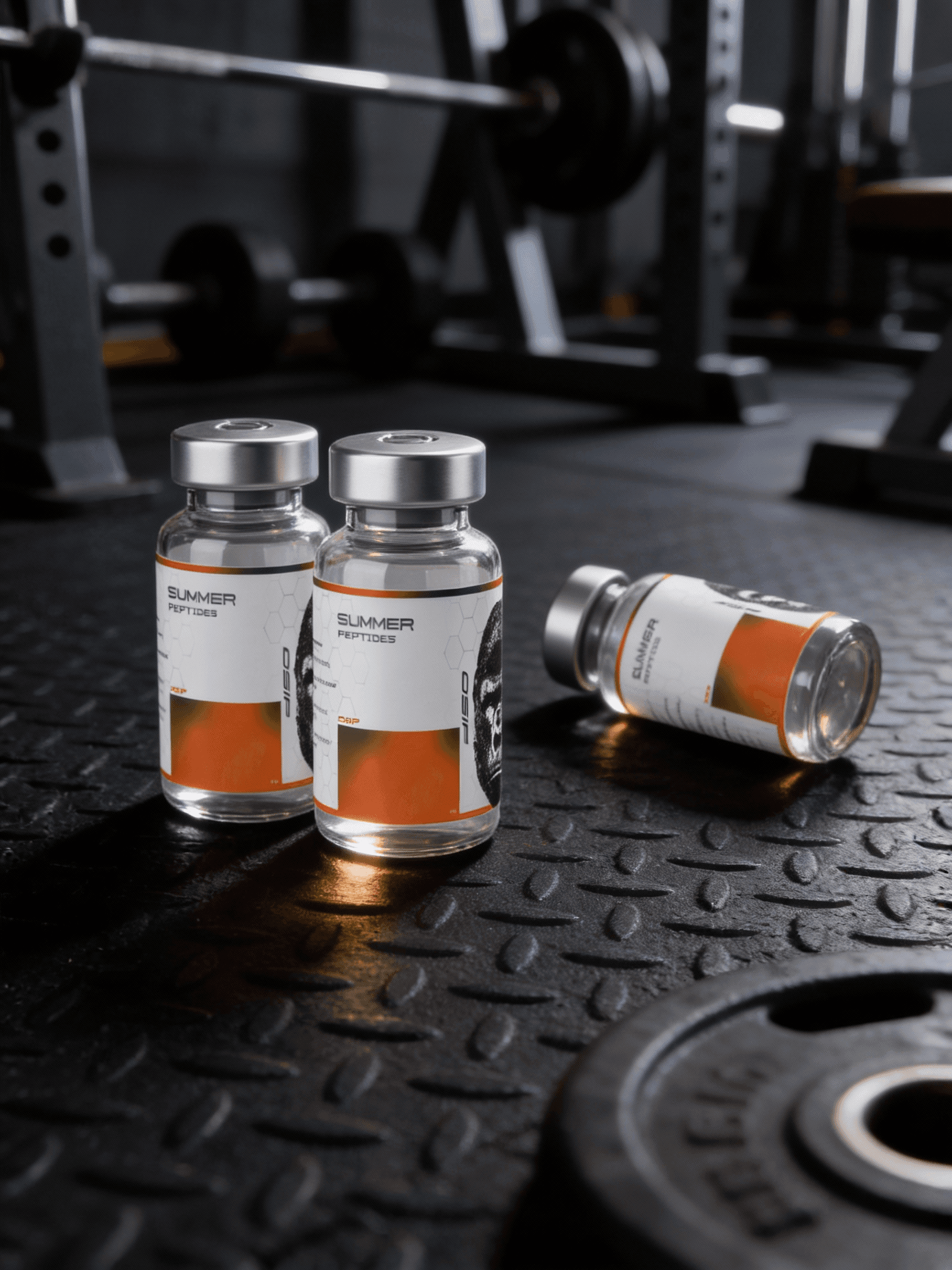 Summer Peptides vials on diamond plate gym floor — barbells in background